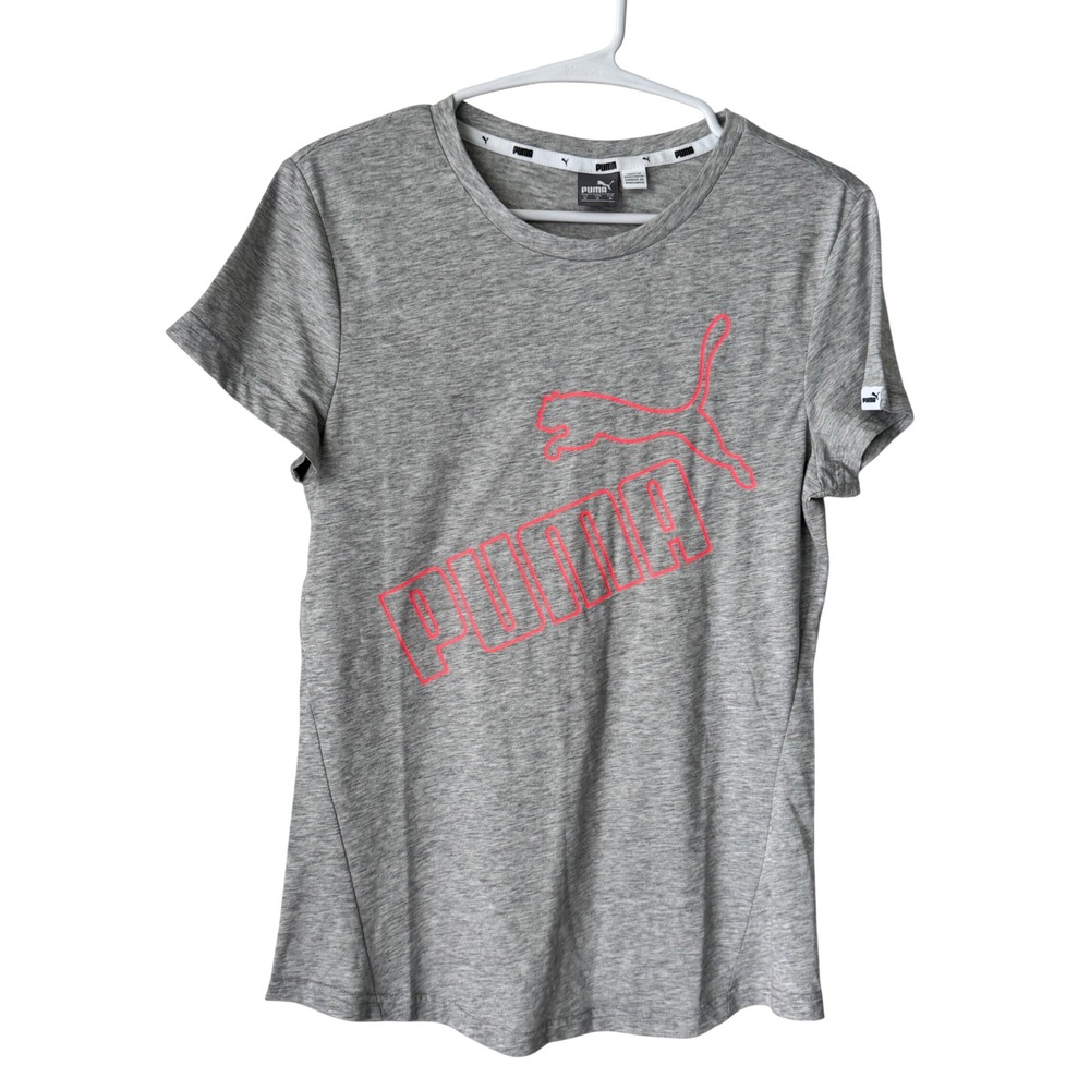 Puma Girls Heather Gray Short Sleeve Neon Pink Logo Active Tee Shirt Size M